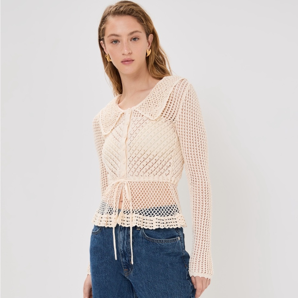 STAUD Beige Crochet Knit Cardigan